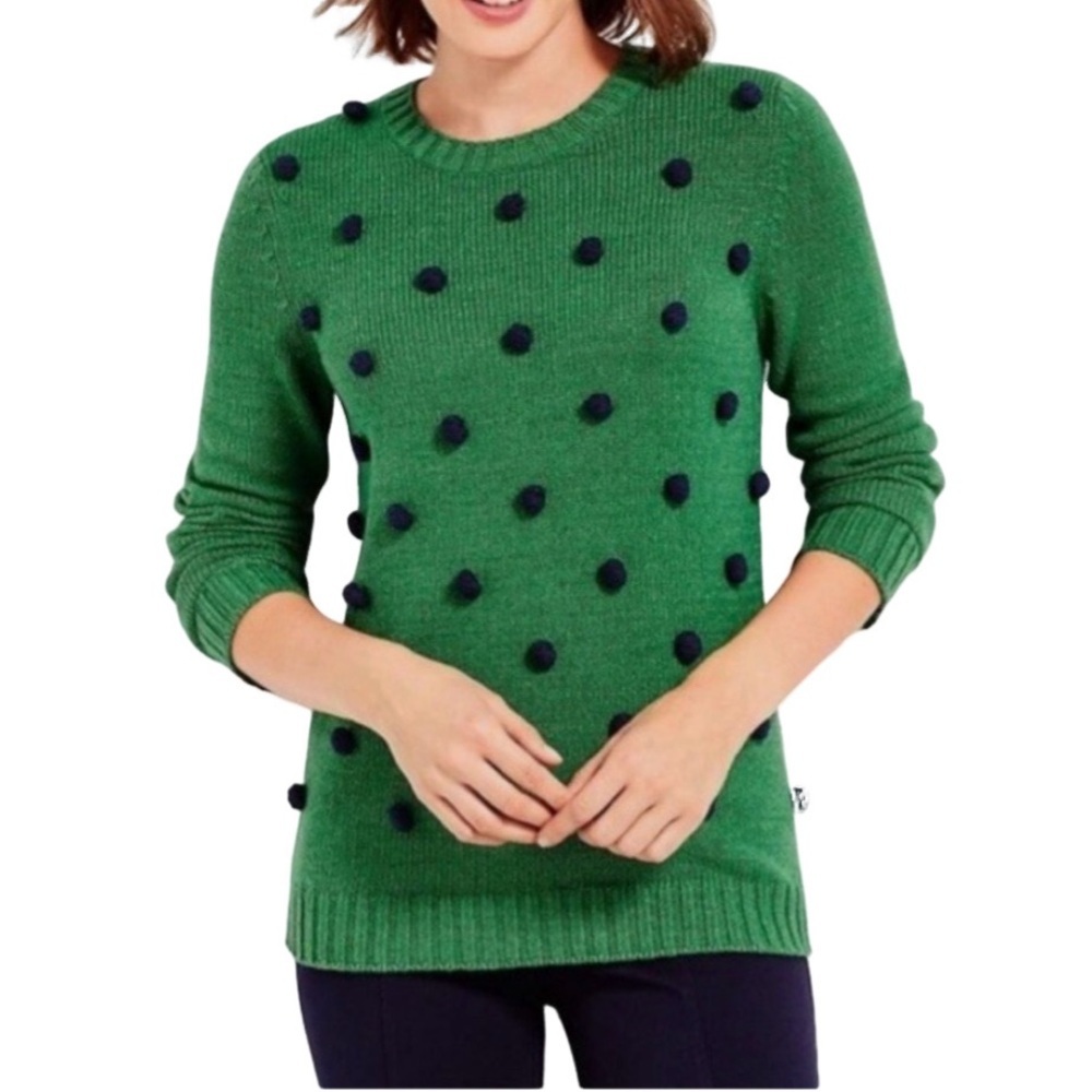 Talbots Petites green crewneck sweater. Size MP. Raised navy blue polka dots.